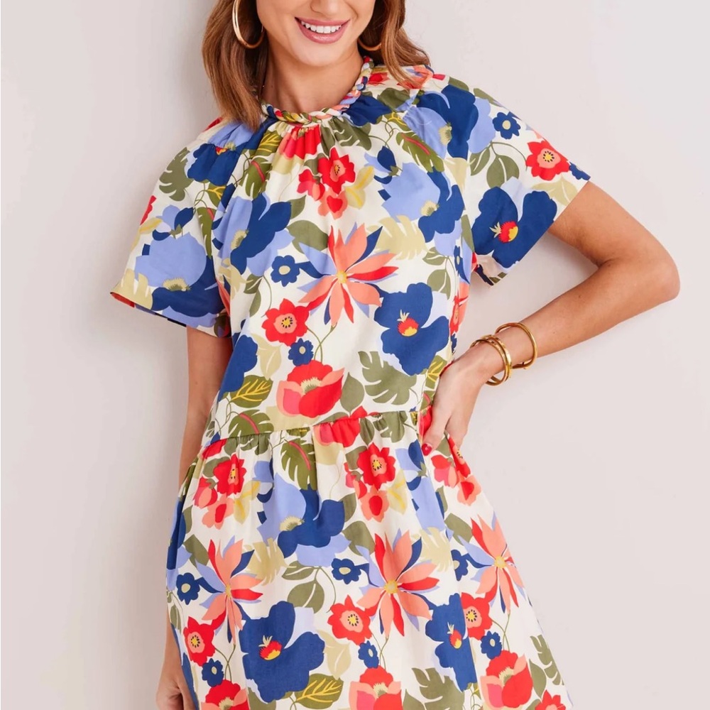 Cream Ruffled Tie Front Smocked Mini Sundress